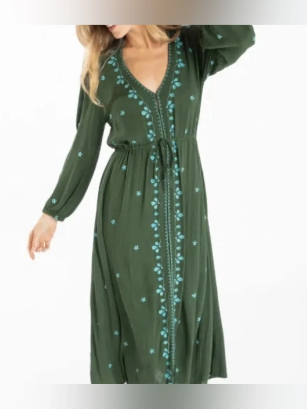 NATURAL LIFE Green Midi Dress with Turquoise Embroidery - Picture 2 of 9